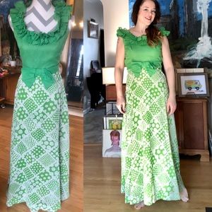 Vintage 70’s Green & White Hippie Boho Maxi Dress